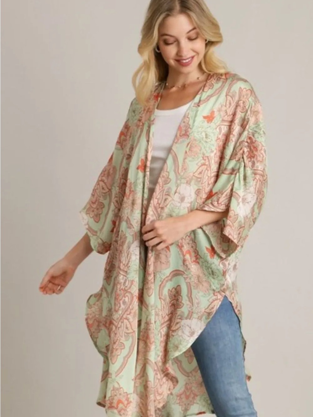 Umgee pistachio mixed print kimono s/m new